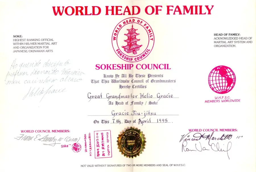 Certificado do Sokeship Council (World Head of Family) que reconhece o Great Grandmaster Hélio Gracie como Head of Family e Soke do Gracie Jiu-Jitsu, de 7 de abril de 1995, com dedicatória manuscrita de Hélio Gracie: “Ao querido discípulo professor Leonardo Moreira, meu carinhoso abraço”.